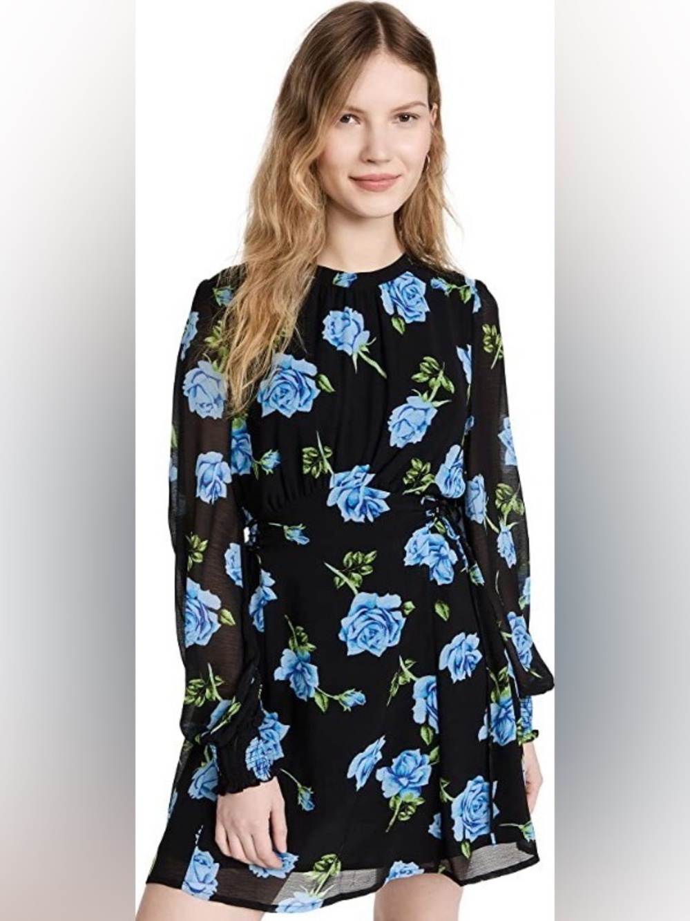 Free People Long-Sleeve Black Dress with Blue Roses